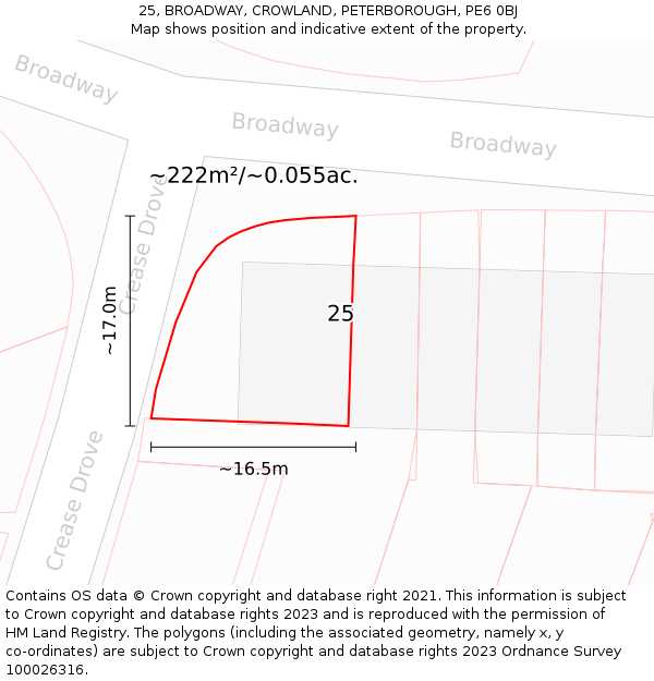 25, BROADWAY, CROWLAND, PETERBOROUGH, PE6 0BJ: Plot and title map