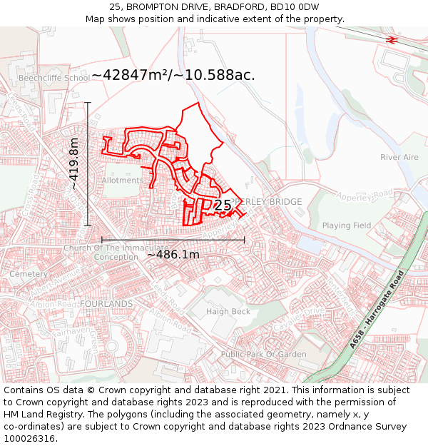 25, BROMPTON DRIVE, BRADFORD, BD10 0DW: Plot and title map