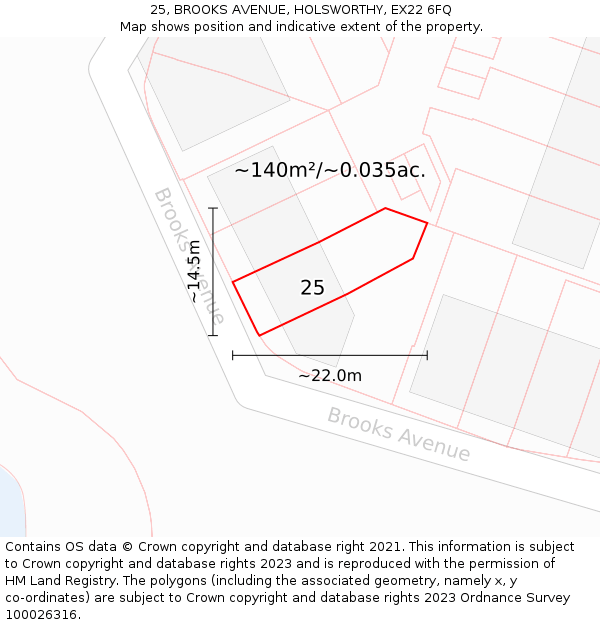 25, BROOKS AVENUE, HOLSWORTHY, EX22 6FQ: Plot and title map