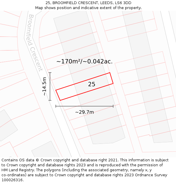 25, BROOMFIELD CRESCENT, LEEDS, LS6 3DD: Plot and title map