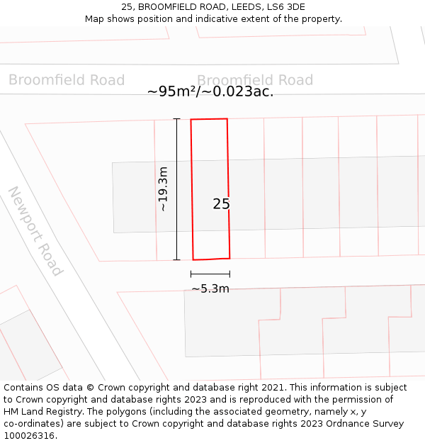 25, BROOMFIELD ROAD, LEEDS, LS6 3DE: Plot and title map