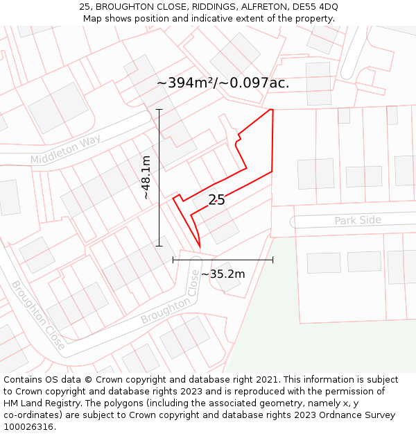 25, BROUGHTON CLOSE, RIDDINGS, ALFRETON, DE55 4DQ: Plot and title map