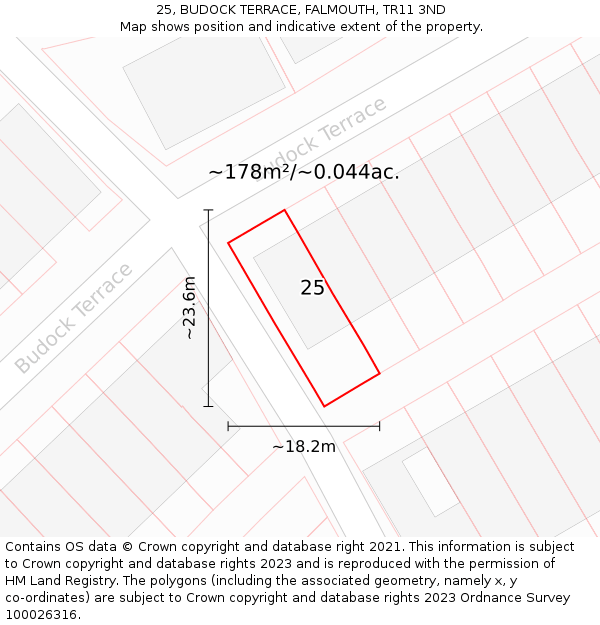 25, BUDOCK TERRACE, FALMOUTH, TR11 3ND: Plot and title map