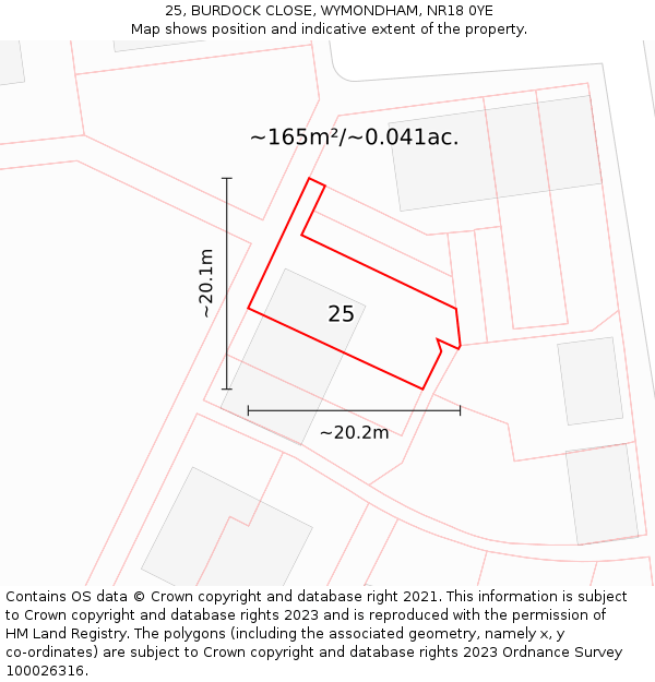 25, BURDOCK CLOSE, WYMONDHAM, NR18 0YE: Plot and title map