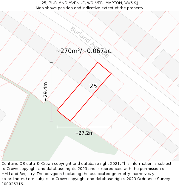 25, BURLAND AVENUE, WOLVERHAMPTON, WV6 9JJ: Plot and title map