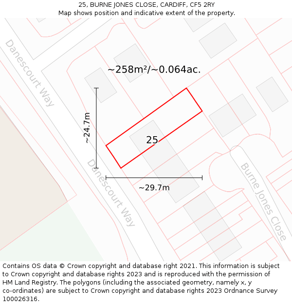 25, BURNE JONES CLOSE, CARDIFF, CF5 2RY: Plot and title map