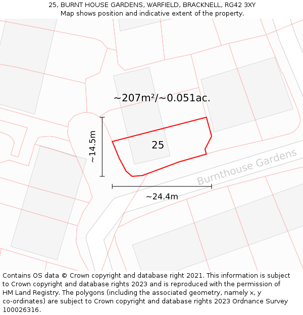 25, BURNT HOUSE GARDENS, WARFIELD, BRACKNELL, RG42 3XY: Plot and title map