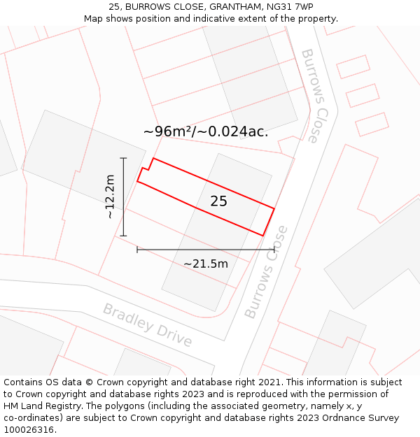 25, BURROWS CLOSE, GRANTHAM, NG31 7WP: Plot and title map