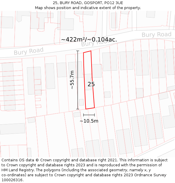 25, BURY ROAD, GOSPORT, PO12 3UE: Plot and title map
