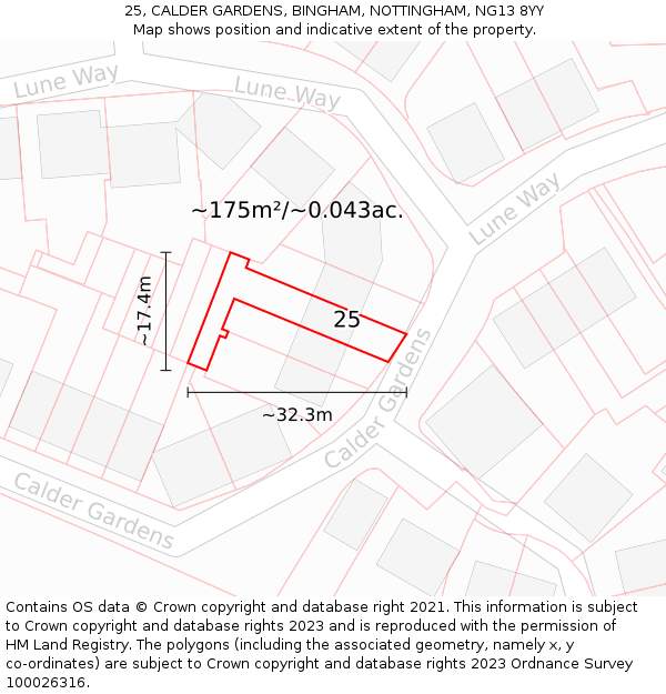 25, CALDER GARDENS, BINGHAM, NOTTINGHAM, NG13 8YY: Plot and title map