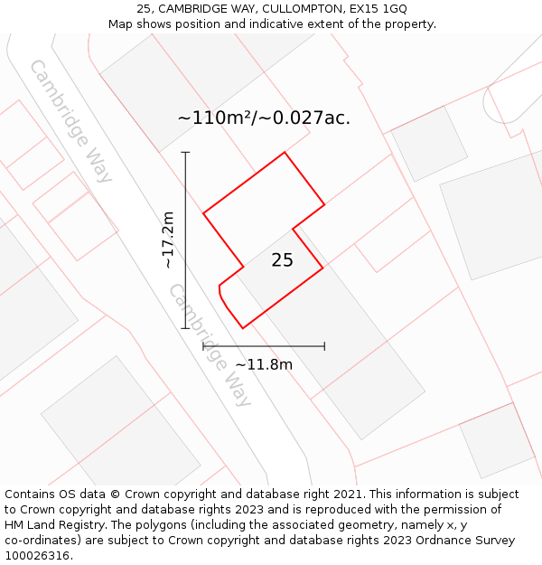 25, CAMBRIDGE WAY, CULLOMPTON, EX15 1GQ: Plot and title map