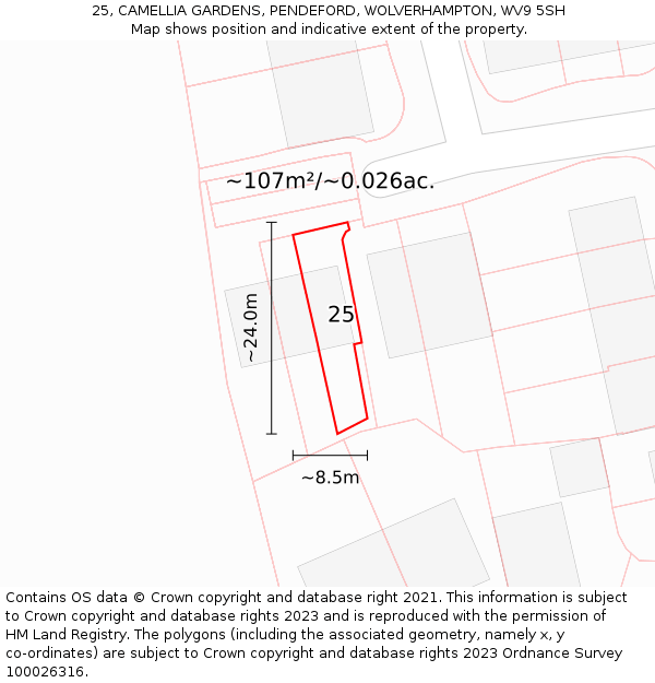 25, CAMELLIA GARDENS, PENDEFORD, WOLVERHAMPTON, WV9 5SH: Plot and title map