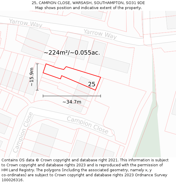 25, CAMPION CLOSE, WARSASH, SOUTHAMPTON, SO31 9DE: Plot and title map