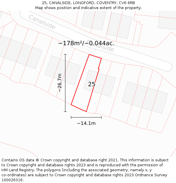 25, CANALSIDE, LONGFORD, COVENTRY, CV6 6RB: Plot and title map