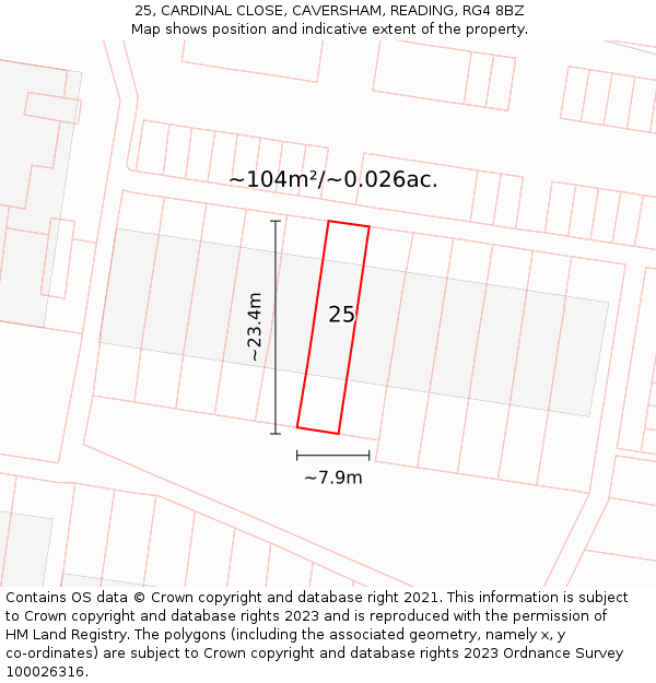 25, CARDINAL CLOSE, CAVERSHAM, READING, RG4 8BZ: Plot and title map