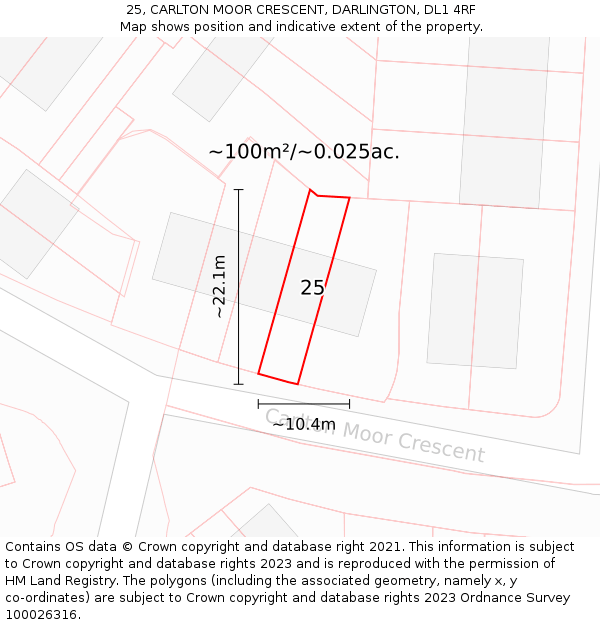25, CARLTON MOOR CRESCENT, DARLINGTON, DL1 4RF: Plot and title map