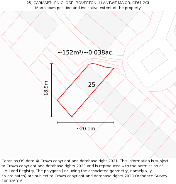 25, CARMARTHEN CLOSE, BOVERTON, LLANTWIT MAJOR, CF61 2GL: Plot and title map
