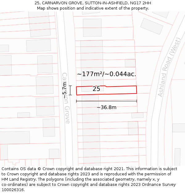 25, CARNARVON GROVE, SUTTON-IN-ASHFIELD, NG17 2HH: Plot and title map