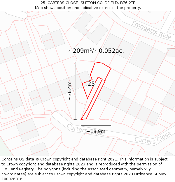25, CARTERS CLOSE, SUTTON COLDFIELD, B76 2TE: Plot and title map