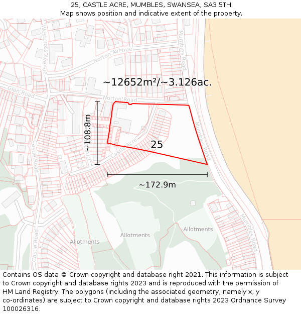 25, CASTLE ACRE, MUMBLES, SWANSEA, SA3 5TH: Plot and title map