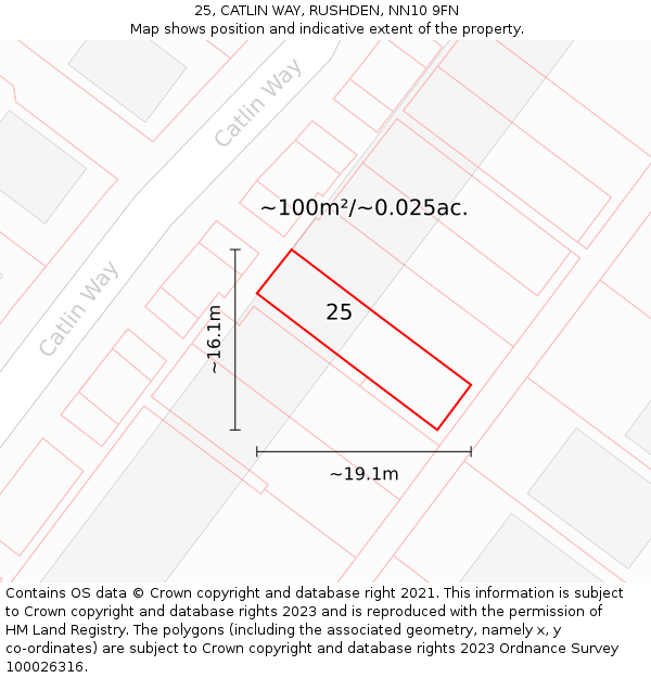 25, CATLIN WAY, RUSHDEN, NN10 9FN: Plot and title map