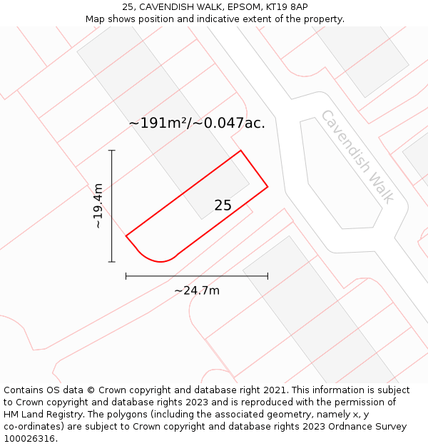 25, CAVENDISH WALK, EPSOM, KT19 8AP: Plot and title map