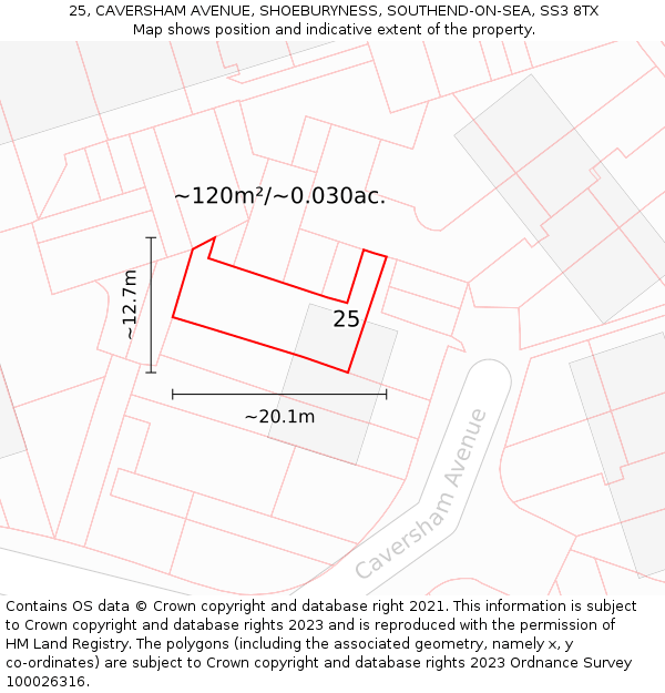 25, CAVERSHAM AVENUE, SHOEBURYNESS, SOUTHEND-ON-SEA, SS3 8TX: Plot and title map