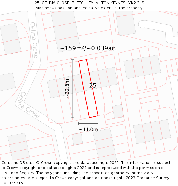 25, CELINA CLOSE, BLETCHLEY, MILTON KEYNES, MK2 3LS: Plot and title map