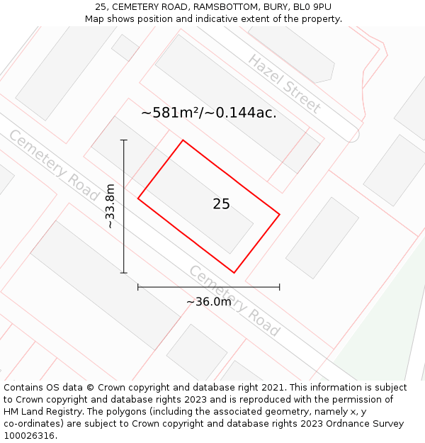 25, CEMETERY ROAD, RAMSBOTTOM, BURY, BL0 9PU: Plot and title map