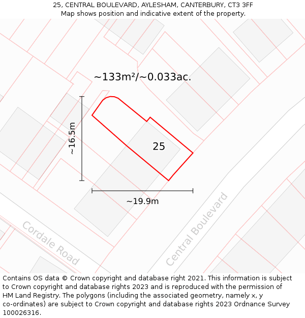 25, CENTRAL BOULEVARD, AYLESHAM, CANTERBURY, CT3 3FF: Plot and title map