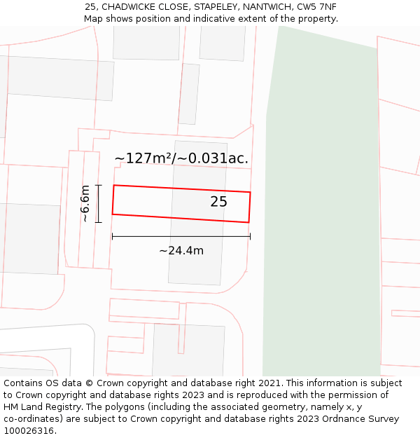 25, CHADWICKE CLOSE, STAPELEY, NANTWICH, CW5 7NF: Plot and title map