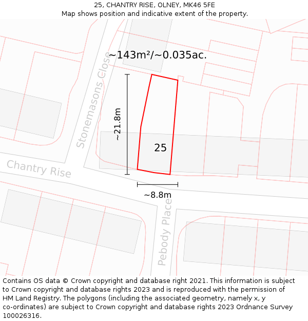 25, CHANTRY RISE, OLNEY, MK46 5FE: Plot and title map