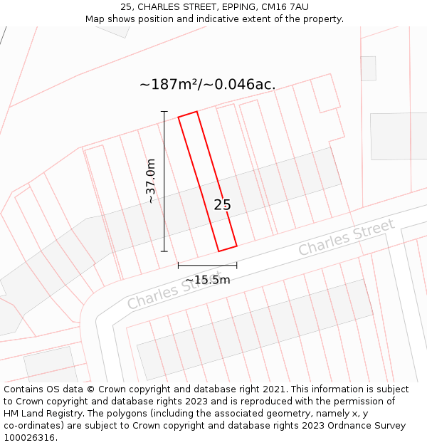 25, CHARLES STREET, EPPING, CM16 7AU: Plot and title map
