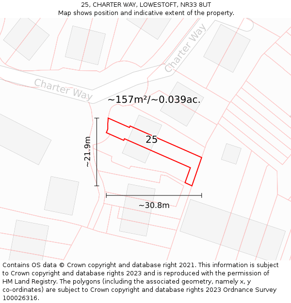25, CHARTER WAY, LOWESTOFT, NR33 8UT: Plot and title map