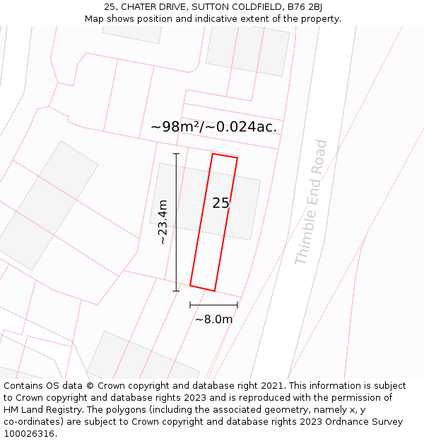 25, CHATER DRIVE, SUTTON COLDFIELD, B76 2BJ: Plot and title map