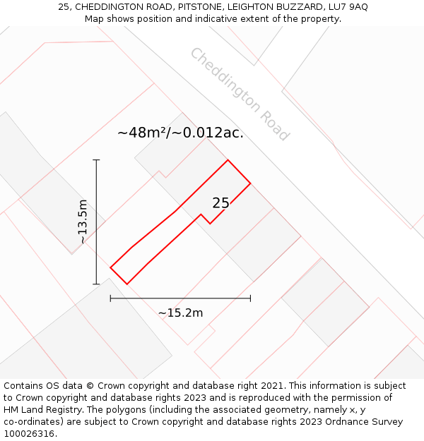 25, CHEDDINGTON ROAD, PITSTONE, LEIGHTON BUZZARD, LU7 9AQ: Plot and title map