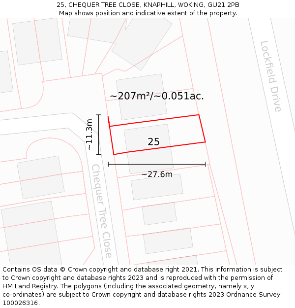 25, CHEQUER TREE CLOSE, KNAPHILL, WOKING, GU21 2PB: Plot and title map