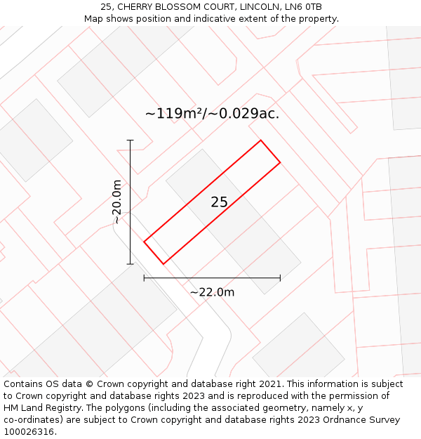 25, CHERRY BLOSSOM COURT, LINCOLN, LN6 0TB: Plot and title map