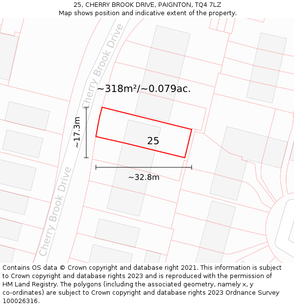 25, CHERRY BROOK DRIVE, PAIGNTON, TQ4 7LZ: Plot and title map