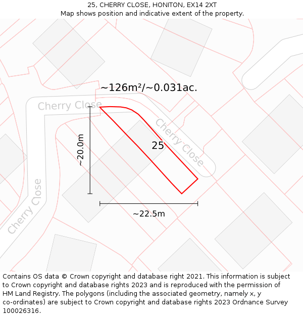 25, CHERRY CLOSE, HONITON, EX14 2XT: Plot and title map