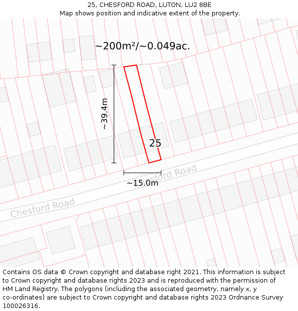 25, CHESFORD ROAD, LUTON, LU2 8BE: Plot and title map