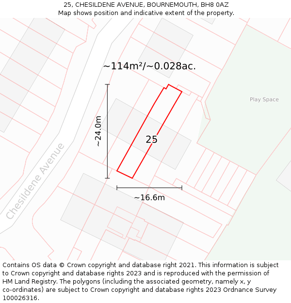 25, CHESILDENE AVENUE, BOURNEMOUTH, BH8 0AZ: Plot and title map