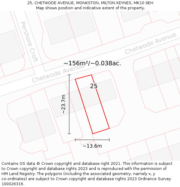 25, CHETWODE AVENUE, MONKSTON, MILTON KEYNES, MK10 9EH: Plot and title map