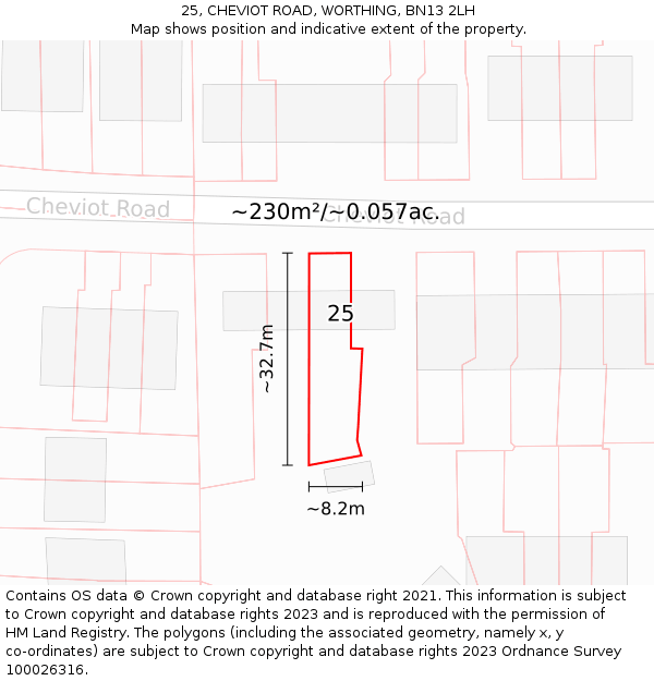25, CHEVIOT ROAD, WORTHING, BN13 2LH: Plot and title map