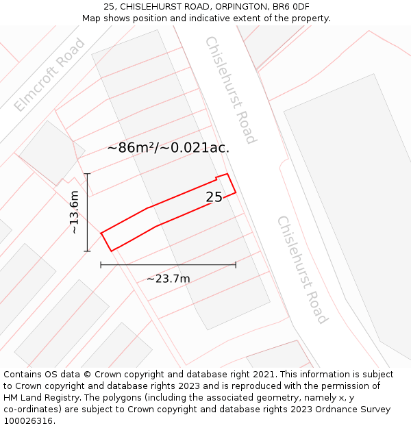 25, CHISLEHURST ROAD, ORPINGTON, BR6 0DF: Plot and title map