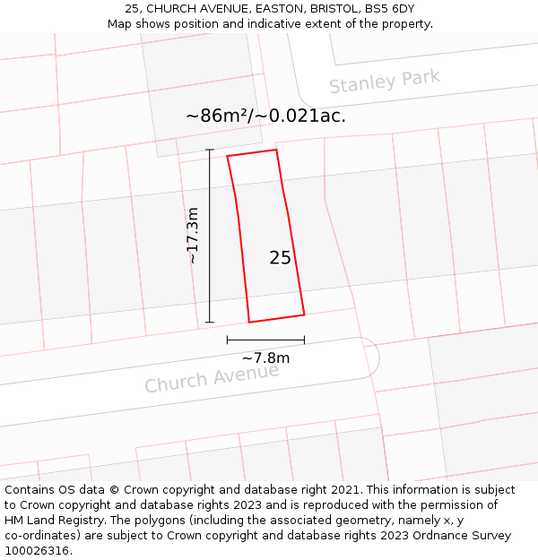 25, CHURCH AVENUE, EASTON, BRISTOL, BS5 6DY: Plot and title map
