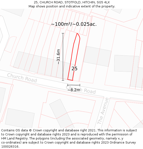 25, CHURCH ROAD, STOTFOLD, HITCHIN, SG5 4LX: Plot and title map