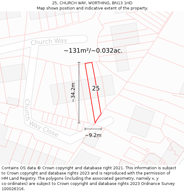 25, CHURCH WAY, WORTHING, BN13 1HD: Plot and title map