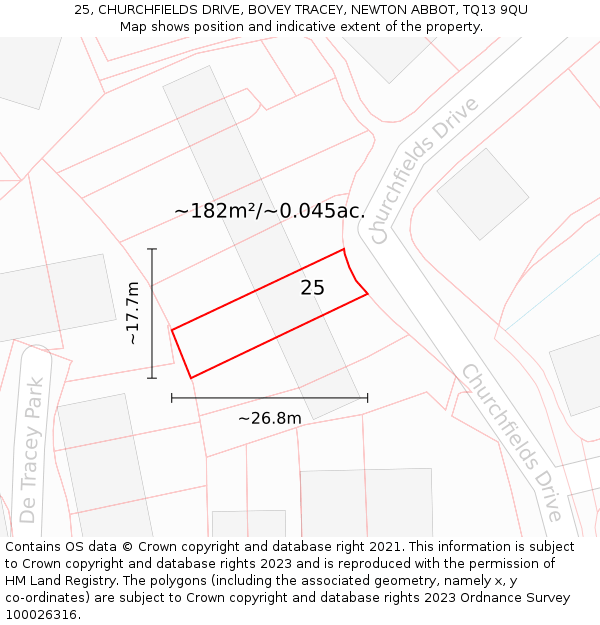 25, CHURCHFIELDS DRIVE, BOVEY TRACEY, NEWTON ABBOT, TQ13 9QU: Plot and title map