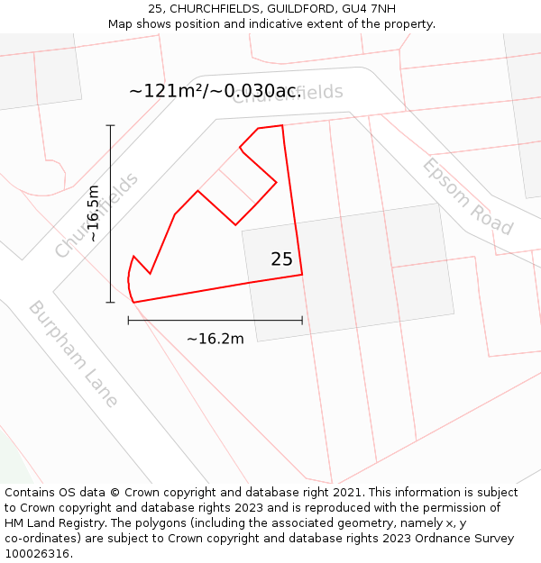 25, CHURCHFIELDS, GUILDFORD, GU4 7NH: Plot and title map